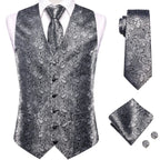 Silver paisley necktie set with vest, perfect for formal occasions, includes how to tie guide