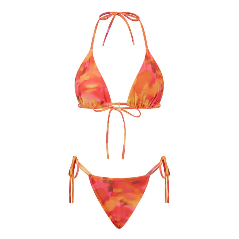 VacationGrabs Women 2 Pieces Bikini Swimsuit Spaghetti Strap Top Tie Side Triangle G-Thong Bathing Suit Beach Holiday Swimwear