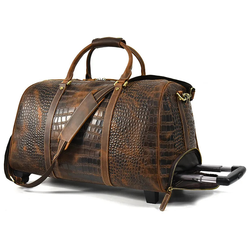 Rolling Genuine leather hand luggage travel bag with wheels