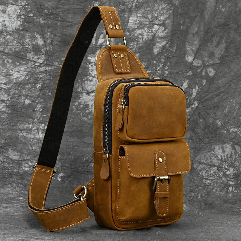 Men's Genuine Leather Chest Bag Leather Big Capacity Crossbody Bag Casual Male Riding Messenger iPad Cell Phone Sling Bag