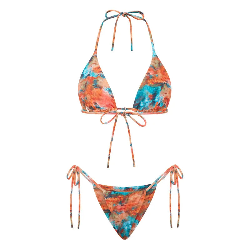 VacationGrabs Women 2 Pieces Bikini Swimsuit Spaghetti Strap Top Tie Side Triangle G-Thong Bathing Suit Beach Holiday Swimwear
