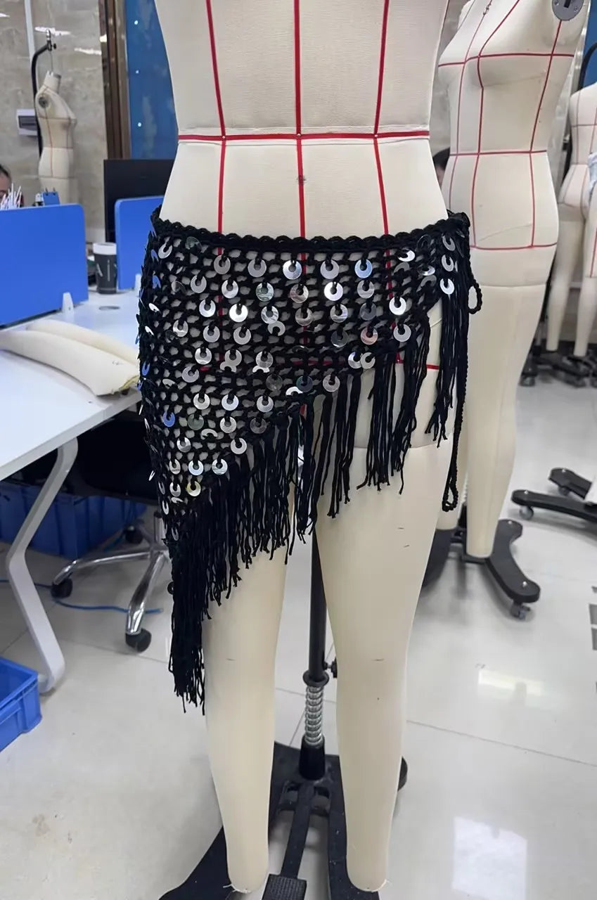 VacationGrabs Women Boho Handmade Crochet Sequin Fringe Wrap Skirt Asymmetrical Tassel Beach Cover Up Summer Festival Streetwear