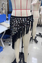 VacationGrabs Women Boho Handmade Crochet Sequin Fringe Wrap Skirt Asymmetrical Tassel Beach Cover Up Summer Festival Streetwear