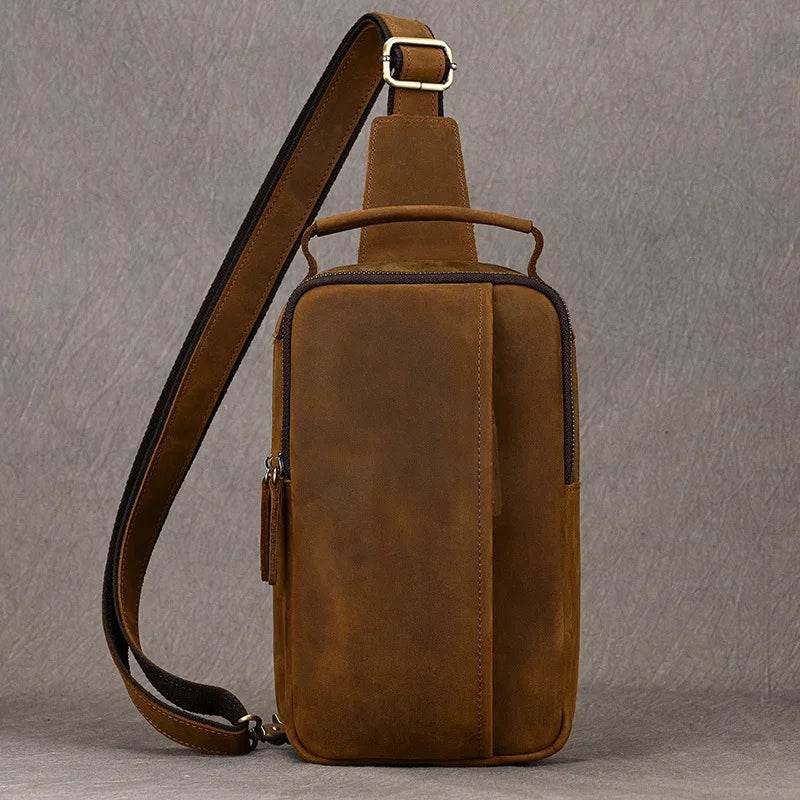 Crazy Horse Leather Men’s Chest Bag Top Layer Cowhide Sling - VacationGrabs