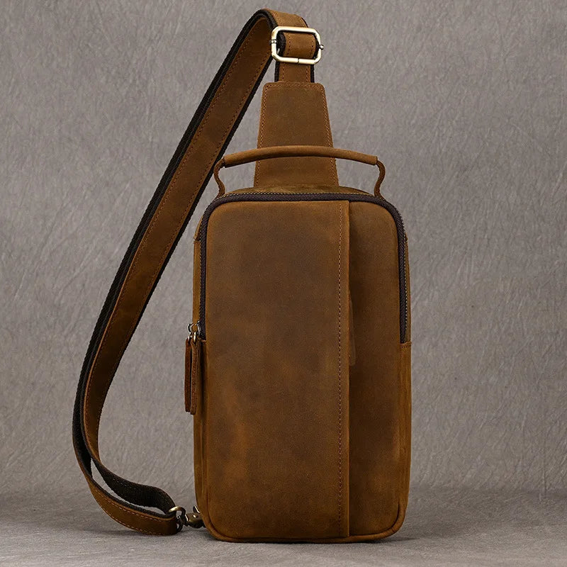 Retro Handmade Big Chest Bag for Men Real Cowhide Leather Crazy Horse Leather Sling Bag Male Chest Pack