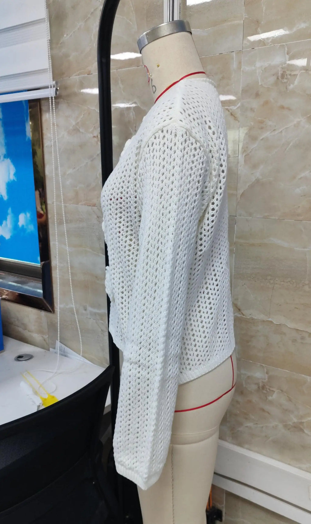 VacationGrabs 3D Floral Crochet Mesh Top Women Hollow See Through Flare Sleeve Keyhole Rose Button Cropped Knit Blouse Travel Dating