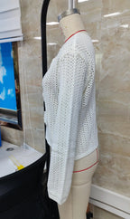 VacationGrabs 3D Floral Crochet Mesh Top Women Hollow See Through Flare Sleeve Keyhole Rose Button Cropped Knit Blouse Travel Dating