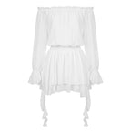 VacationGrabs Elegant Off Shoulder Flare Long Sleeve Chiffon Mini Dress Women Elastic Waist Tiered Ruffle Beach Vacation Short Dress