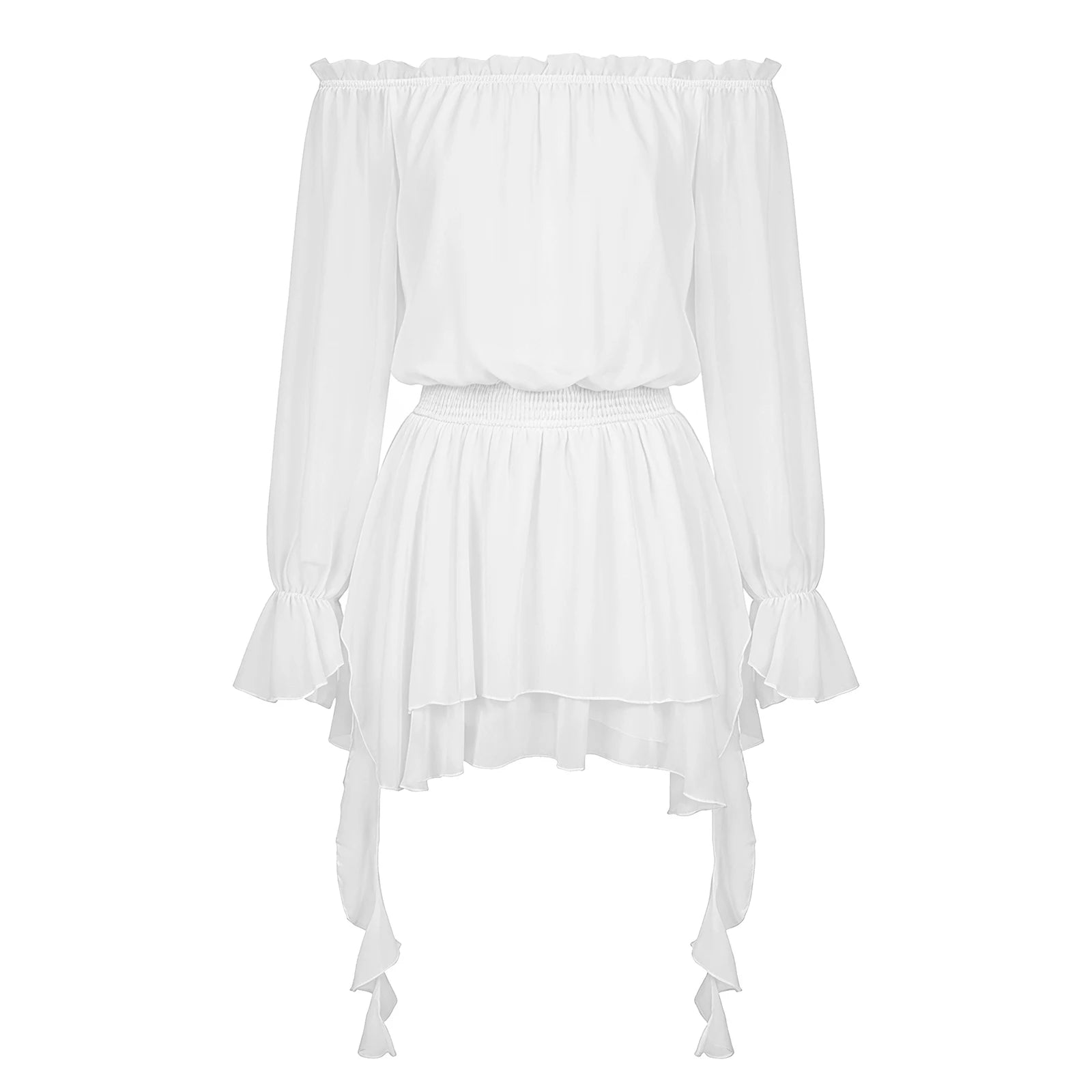VacationGrabs Elegant Off Shoulder Flare Long Sleeve Chiffon Mini Dress Women Elastic Waist Tiered Ruffle Beach Vacation Short Dress