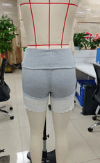 VacationGrabs Chic Y2K Style Fold Over Waist Lace Trim Biker Shorts for Women Solid Color Soft Safety Shorts Casual Daily Loungewear