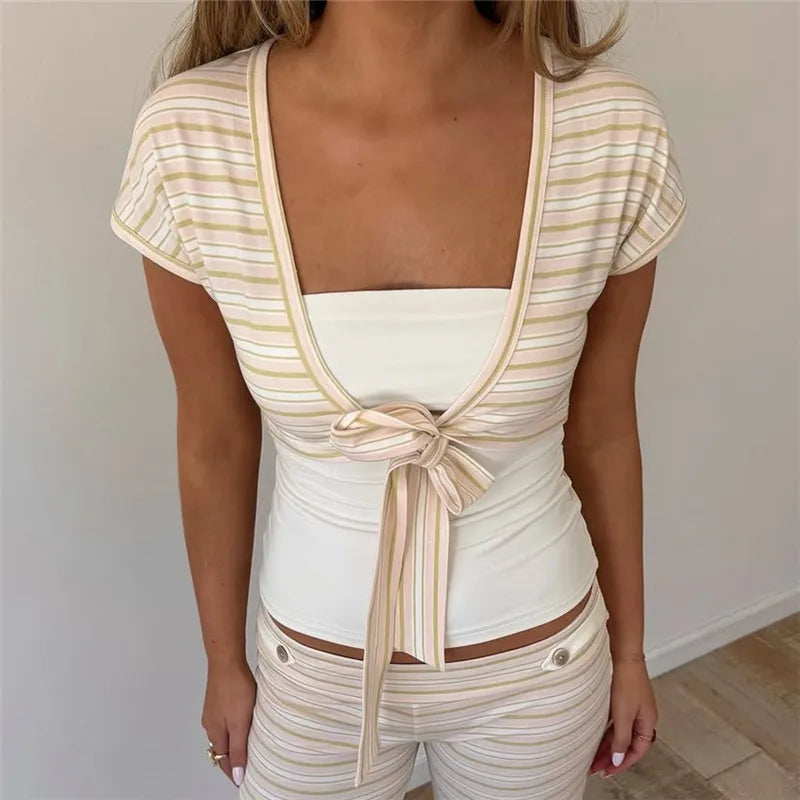 Pastel Striped Tie Front Cropped Cardigan Short Sleeve Soft Wrap Shrug Girly Coquette Beach Layering Cover Up Top Y2K Streetwear