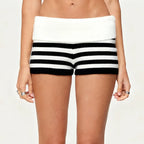 VacationGrabs Women Y2k Knit Mini Shorts Striped Foldover Low Waist Elastic Slim Fit Vintage Going Out Micro Bottom Streetwear