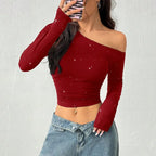 Women's Asymmetric Off-Shoulder Long Sleeve Studded Top
