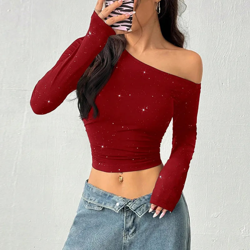 Women's Asymmetric Off-Shoulder Long Sleeve Studded Top