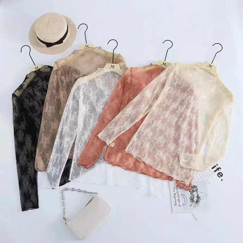 Floral Lace Layering Shirt Long Sleeve See Thru Mesh