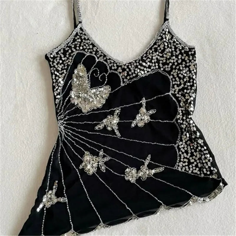 VacationGrabs Sexy Sequin Slim Fit Irregular Strap Tank Crop Tops Versatile Sexy Hot Girl Summer Mesh See Through Sleeveless Tee Shirt