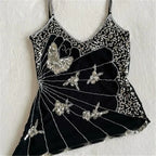 VacationGrabs Sexy Sequin Slim Fit Irregular Strap Tank Crop Tops Versatile Sexy Hot Girl Summer Mesh See Through Sleeveless Tee Shirt