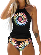 Women's Bathing Suit Drawstring Side Halter Neck Tankini - VacationGrabs