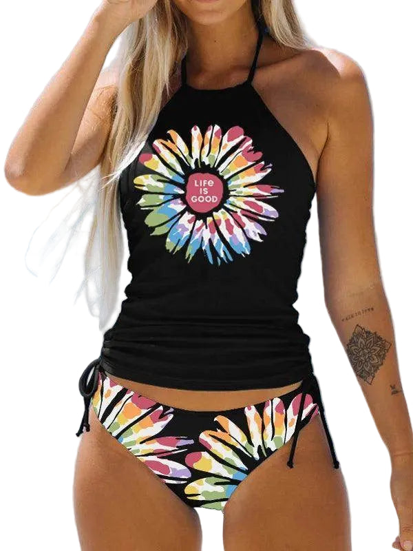 Women's Bathing Suit Drawstring Side Halter Neck Tankini - VacationGrabs