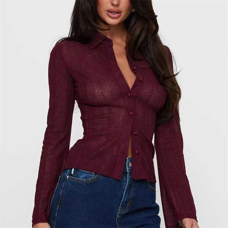 VacationGrabs Women Y2k Vintage Striped Slim Fitted Shirt Coquette Long Sleeve Button Down Collared Tee Basic Office Work Blouse