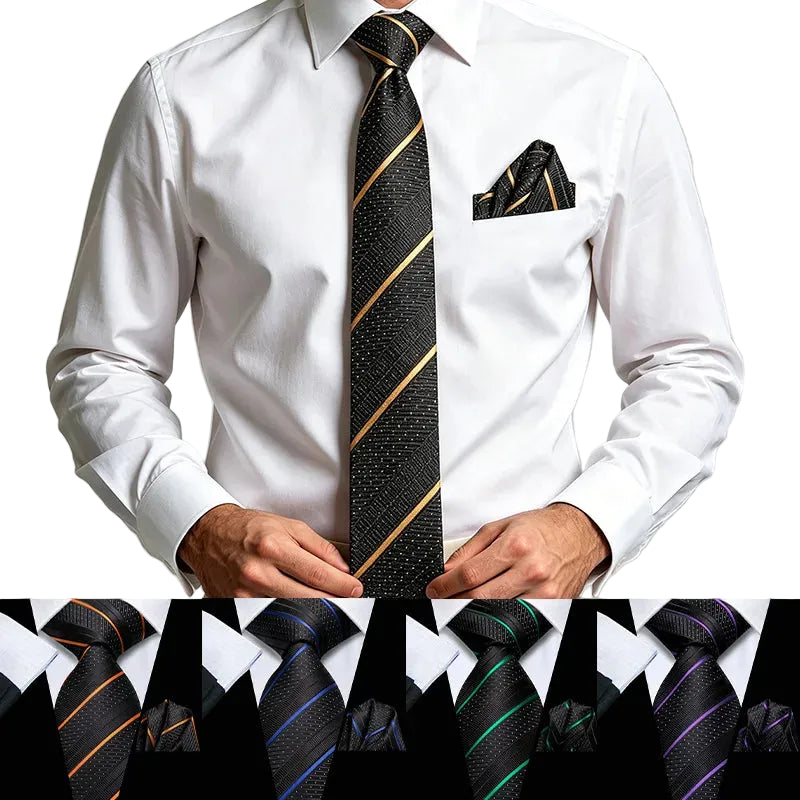 Pocket square demonstration with black striped tie, learn how fold a pocket square