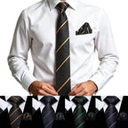 Pocket square demonstration with black striped tie, learn how fold a pocket square