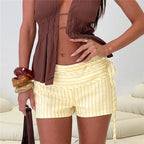 VacationGrabs Summer Vacation Low Waist Shorts Women Fold Over Waistband Side Tie Ruched Striped Solid Casual Beach Mini Short Pants
