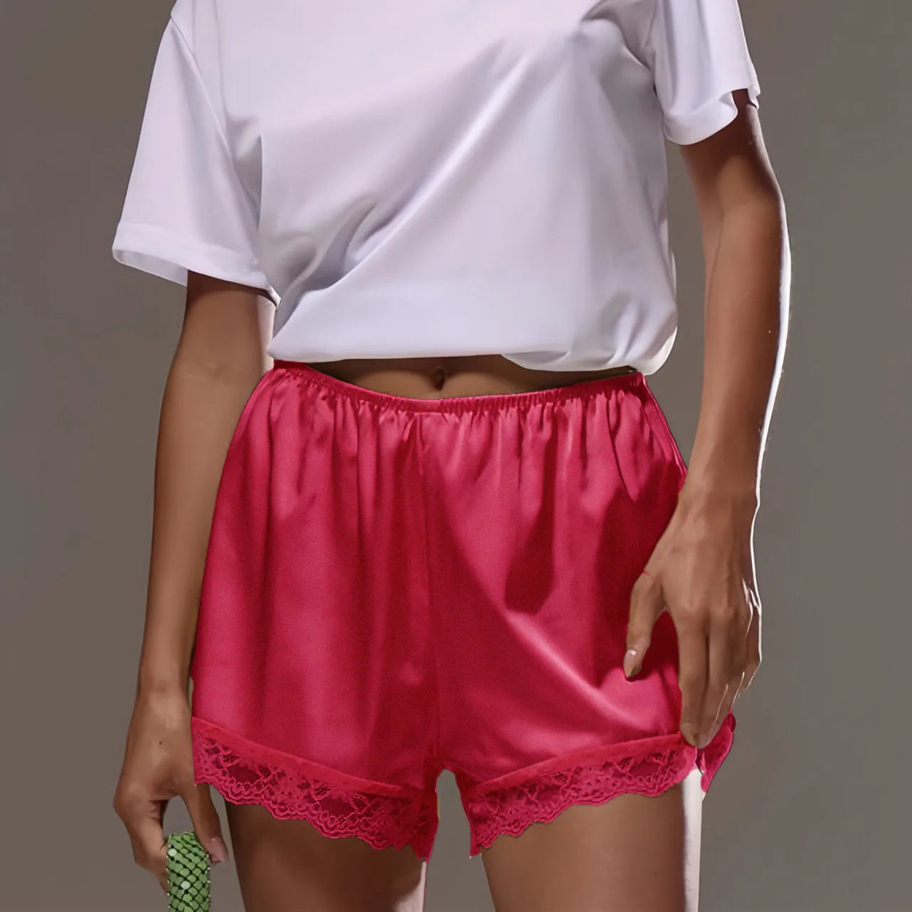 VacationGrabs Lace Trim Satin Shorts for Women Silky Elastic Waist Mini Shorts Casual Lounge French Knickers Slip Boxer Pj Bottoms