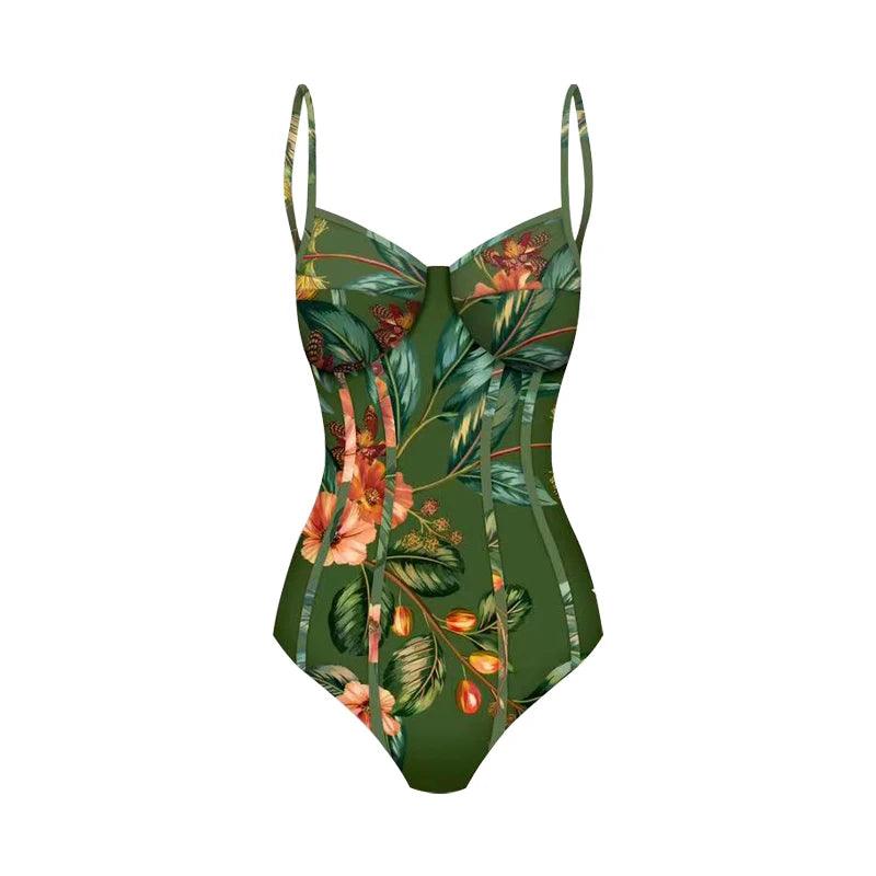Women's Swimwear - 1PC Green Floral Swimwear Womens One Piece + Cover Up