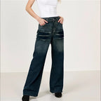 VacationGrabs Women Water Washed Denim Pants Low Rise Retro Gradient Loose Straight Leg Jeans with Pockets Vintage Streetwear