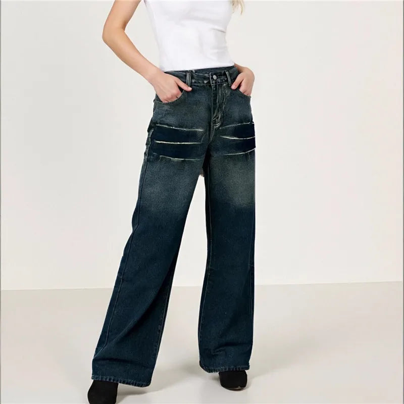 VacationGrabs Women Water Washed Denim Pants Low Rise Retro Gradient Loose Straight Leg Jeans with Pockets Vintage Streetwear