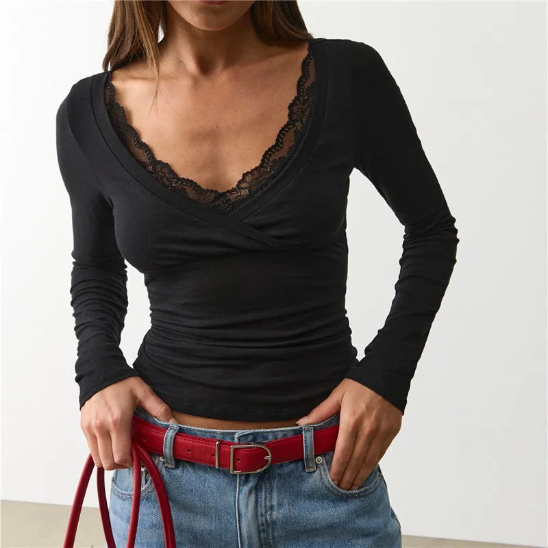 VacationGrabs Lace Trim V Neck Wrap Long Sleeve Crop Top Women Slim Ruched Solid Color Basic Layering T Shirt Autumn Going Out Blouse