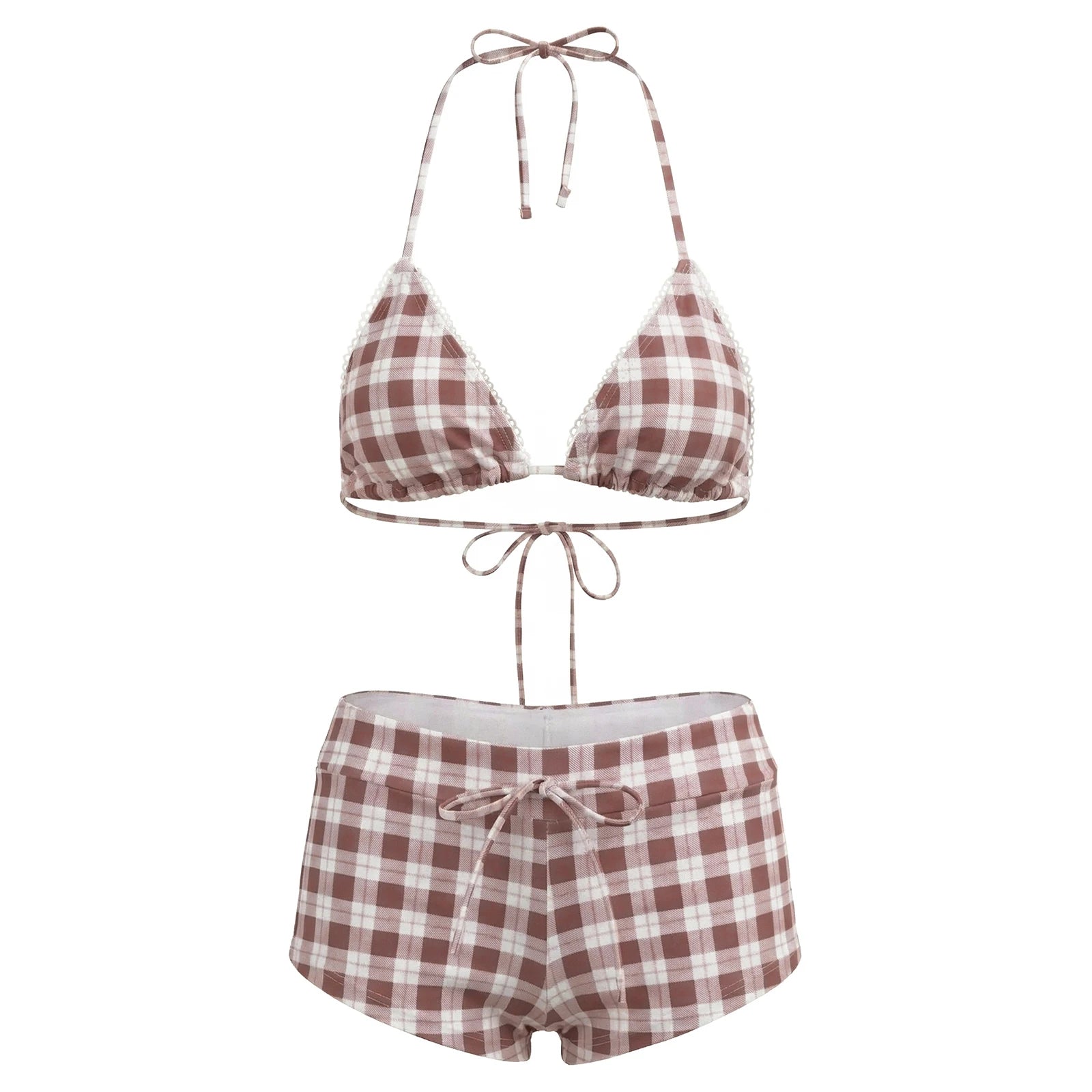 VacationGrabs Women's 2 Piece Bikini Set Fashion Plaid Print Sleeveless Halter Neck Triangle Tops and Low Waist Boyshorts Bathing Suit