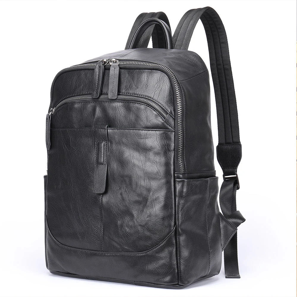 Black Leather Backpack for Men Casual Travel Daypack 14"