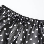 VacationGrabs Coquette Polka Dot Satin Lounge Shorts Women Eyelash Lace Hem Drawstring High Waist Loose Cute Halloween Pajama Bottoms