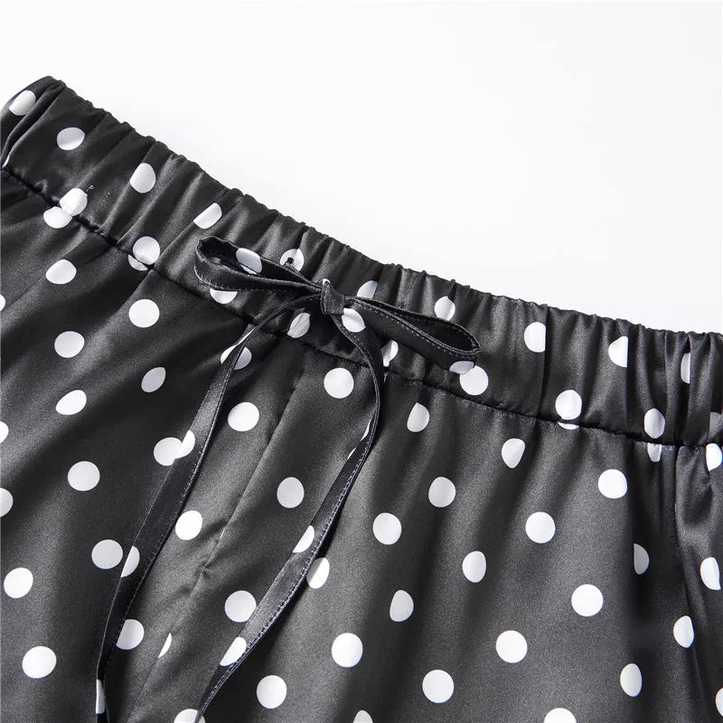 VacationGrabs Coquette Polka Dot Satin Lounge Shorts Women Eyelash Lace Hem Drawstring High Waist Loose Cute Halloween Pajama Bottoms