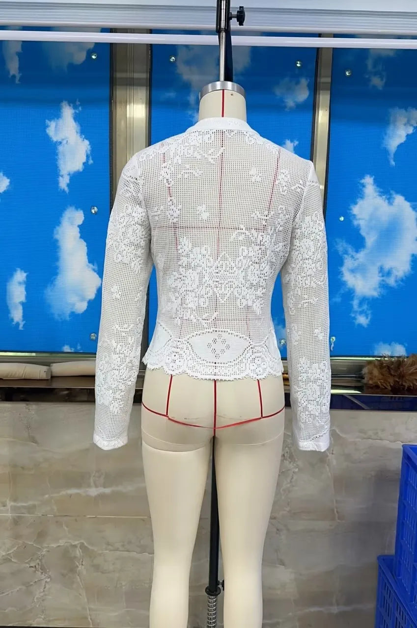 VacationGrabs Hollow Floral Lace Women Cropped Cardigan Stand Collar Long Sleeve Button Sheer See Through Cover Up Casual Beach Tops