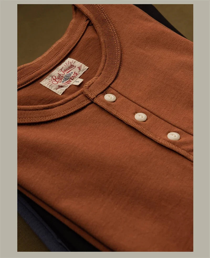 Red Tornado Short Sleeve Henley T-Shirt Heavyweight Cotton Every Day Tee Amekaji