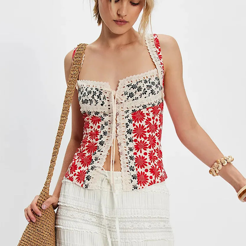 Women Floral Button Down Crop Tank Top Y2k Backless Front Tie Ruffle Trim Halter Tops Sexy Sleeveless Smocked Outfits
