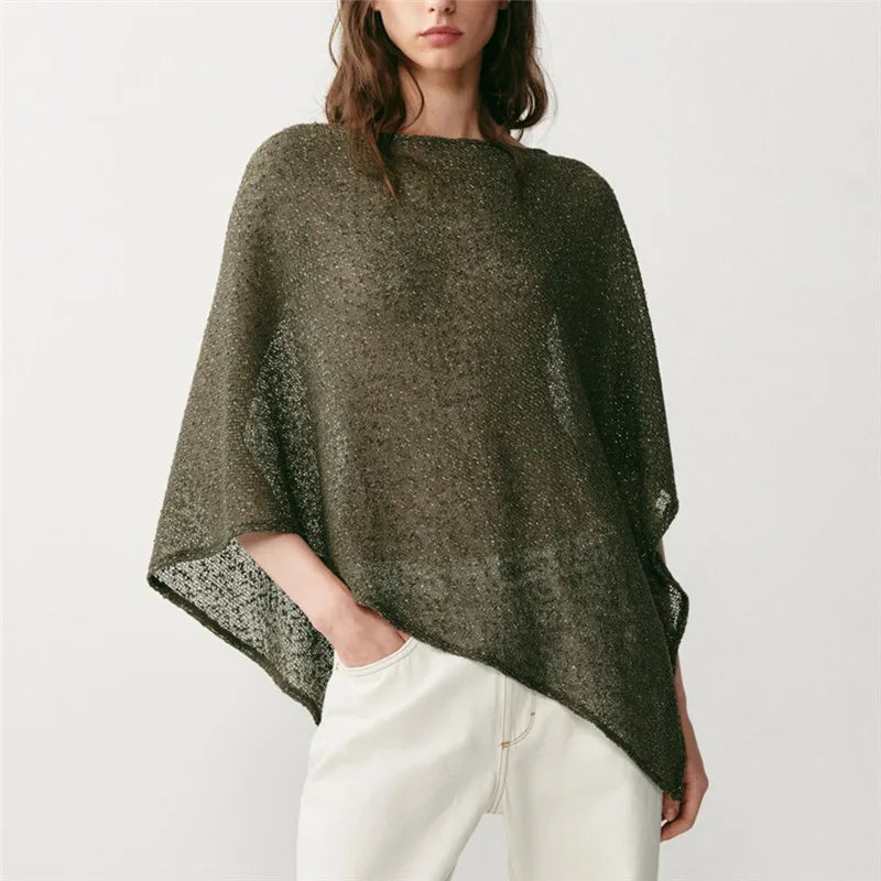 VacationGrabs Women Hollow Out Knit Poncho Cape Boat Neck Loose Irregular Hem Sheer Mesh Knitted Shawl Wrap Metallic Thread Cover Up