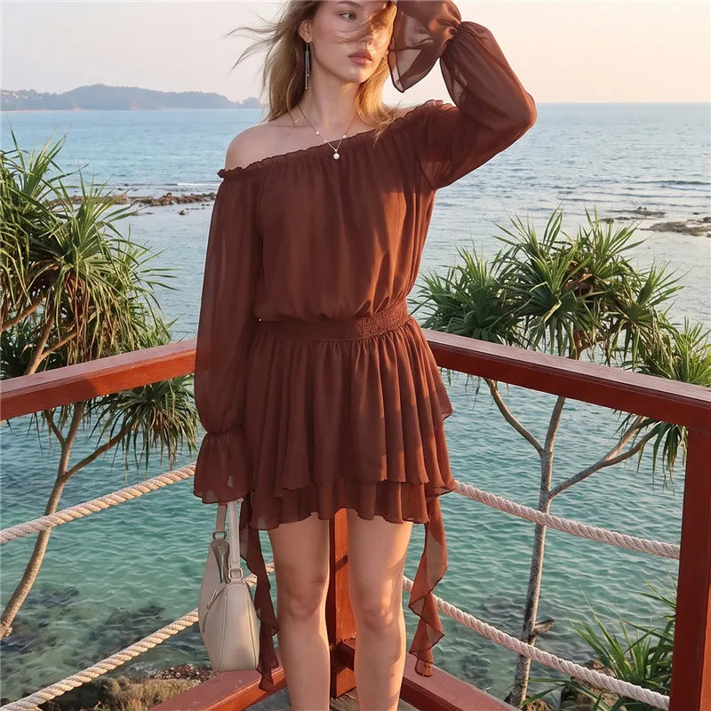 VacationGrabs Elegant Off Shoulder Flare Long Sleeve Chiffon Mini Dress Women Elastic Waist Tiered Ruffle Beach Vacation Short Dress