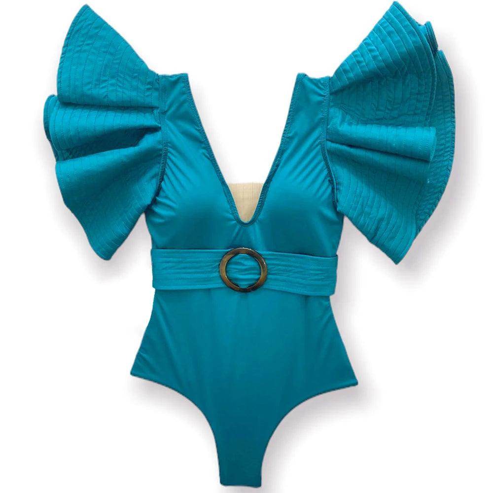 Women's Ruffle Sleeve Deep-V Bathing Suit - VacationGrabs