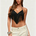 hirigin Y2K Solid Fringe Halter Neck Crop Cami Women Back Tie Sling Deep V Tassel Hem Slim Short Tank Top Daily Street Beachwear