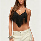hirigin Y2K Solid Fringe Halter Neck Crop Cami Women Back Tie Sling Deep V Tassel Hem Slim Short Tank Top Daily Street Beachwear