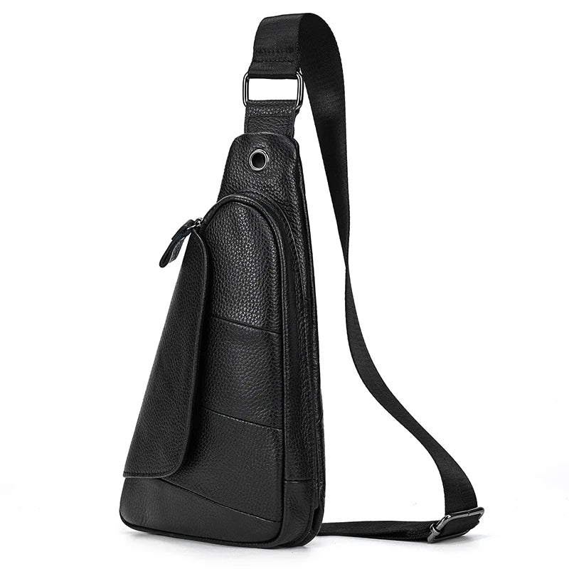 Men's Top Grade Cowhide Leather Crossbody Chest Bag Multi-Functional Shoulder Leisure Sports Casual Bag