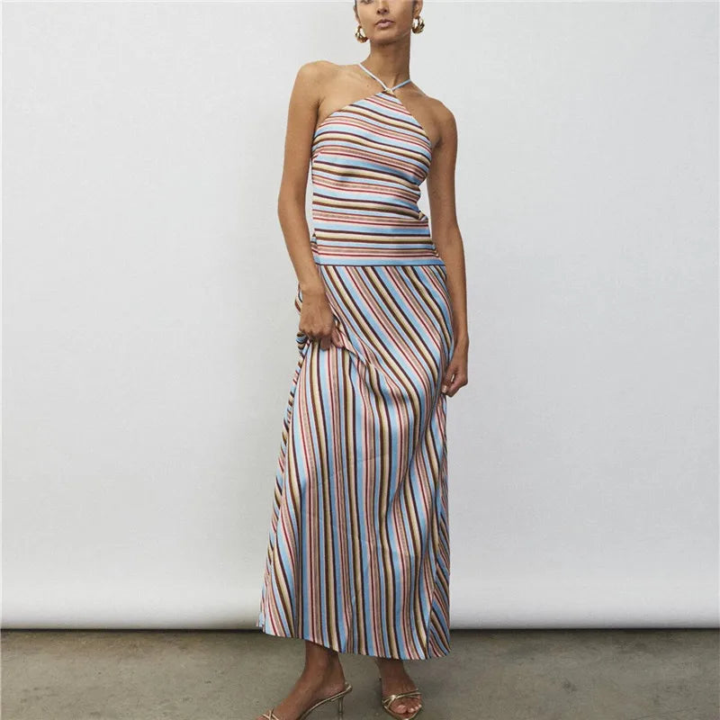 Striped halter neck maxi dress for summer occasions