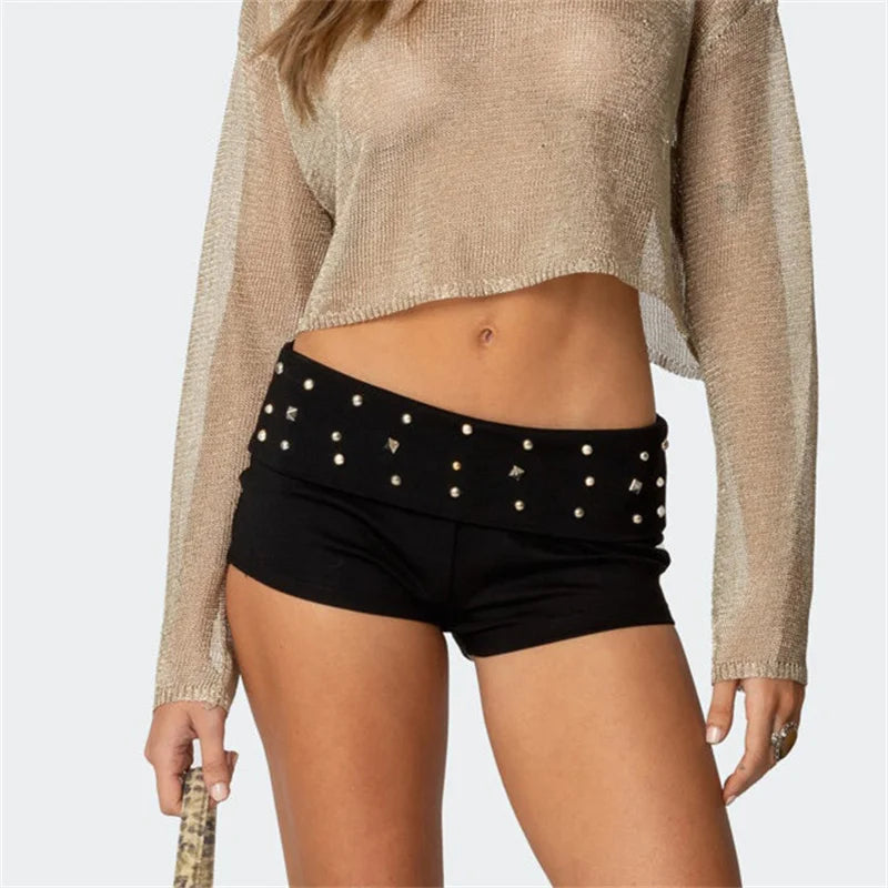 VacationGrabs Womens Y2k Grunge Mini Shorts Fold Over Low Rise Studded Rivet Rave Concert Club Punk Goth Micro Bottoms Streetwear