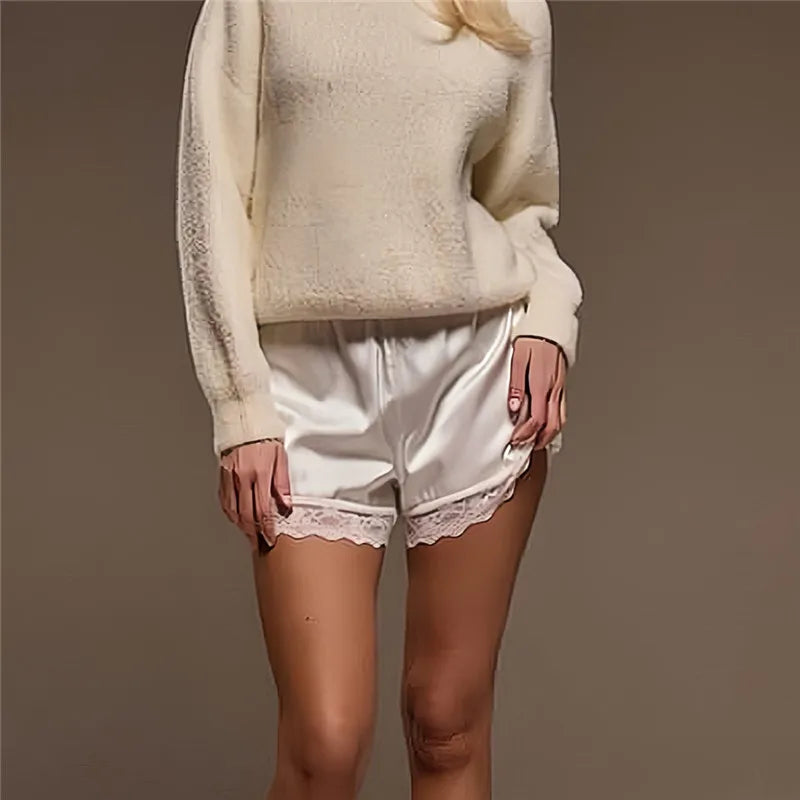 VacationGrabs Lace Trim Satin Shorts for Women Silky Elastic Waist Mini Shorts Casual Lounge French Knickers Slip Boxer Pj Bottoms