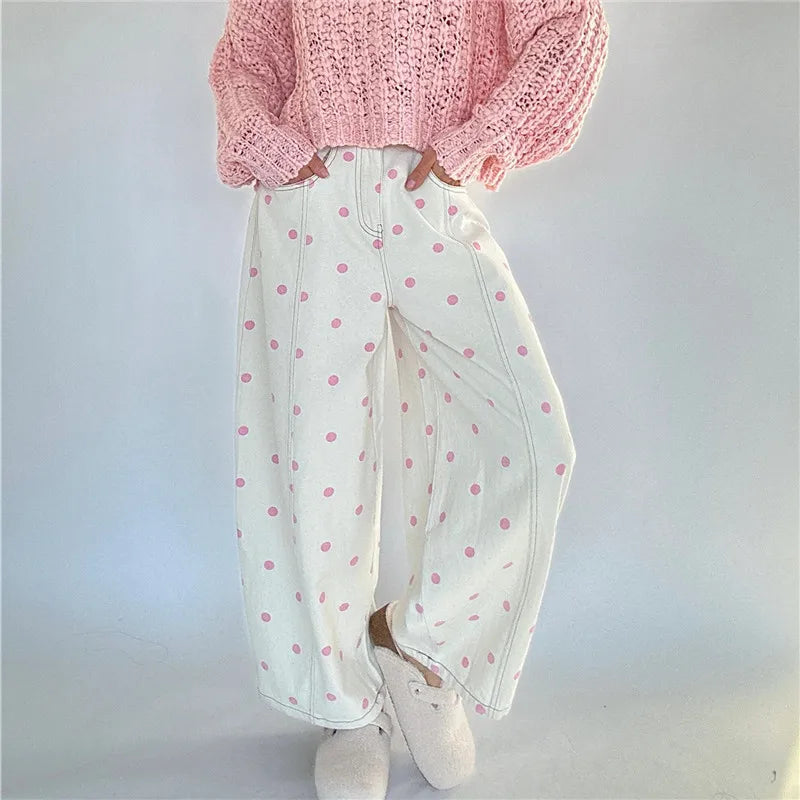 VacationGrabs Polka Dot Jeans Women Y2K Print High Waisted Wide Leg Denim Pants Vintage Stretchy Boyfriend Jeans 90s 00s Streetwear
