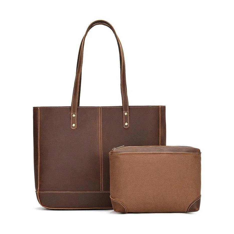 Genuine Leather Business Tote for Women with Makeup Bag Combo - VacationGrabs